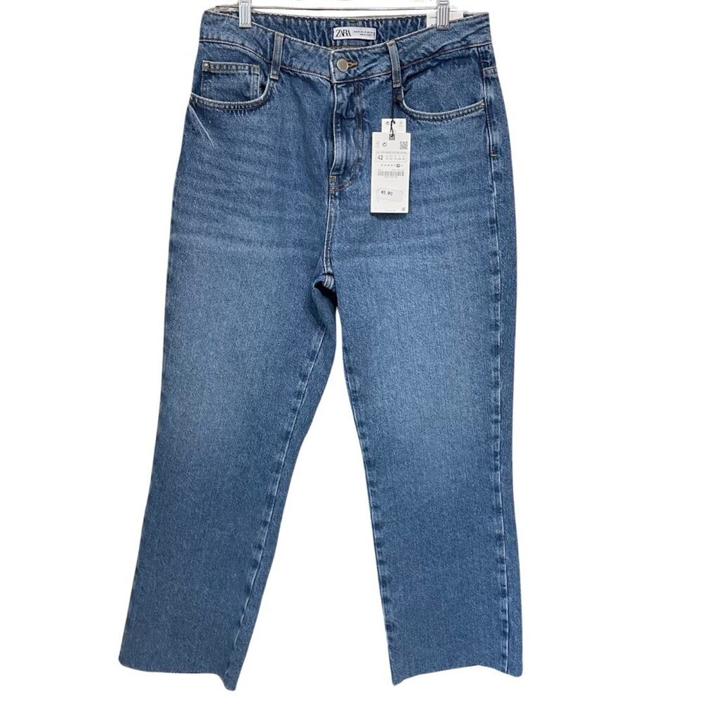 Zara STRAIGHT FIT High Rise Ankle Jeans Women’s 10 Medium Wash Denim Raw Hem NEW